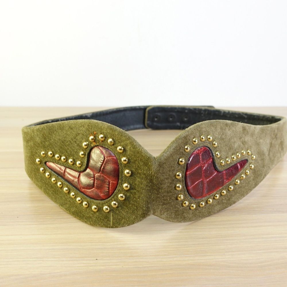 Studded Belt Womens Small Green Croc Leather Fashion Waist Exotic‎ Suede Snap On